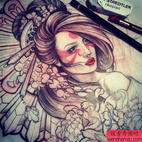 文身秀图吧推荐一幅女郎文身手稿作品