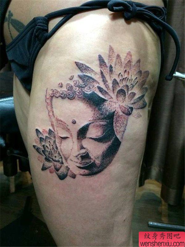 腿部点刺佛文身作品