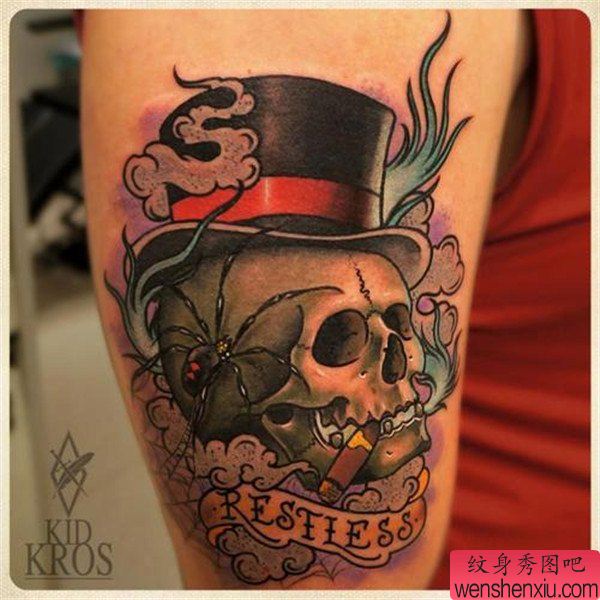 文身秀图吧推荐一幅手臂骷髅头文身作品