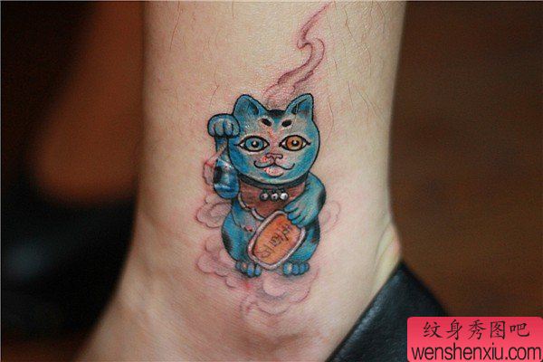 脚踝招财猫文身作品