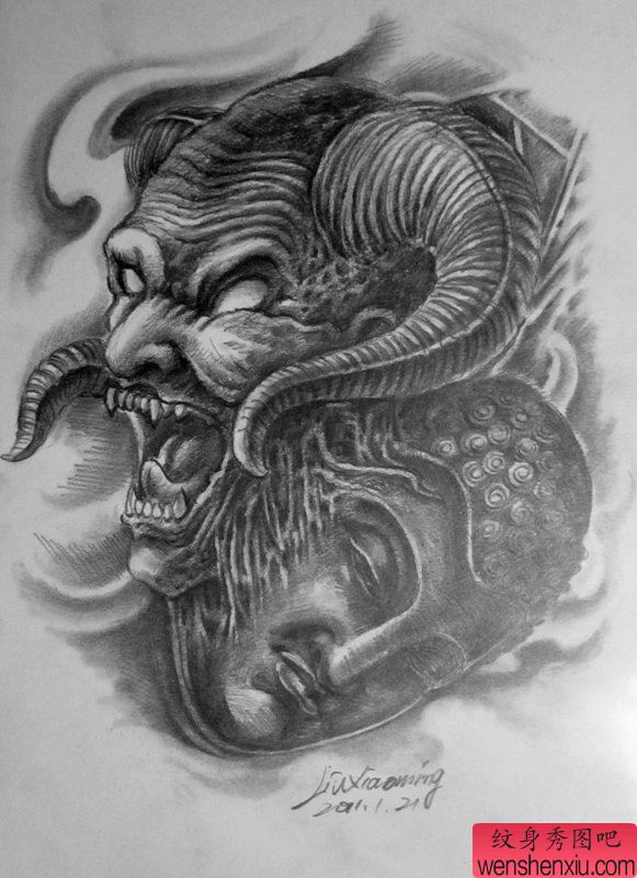 文身秀图吧推荐一幅创意佛牛魔王文身手稿作品