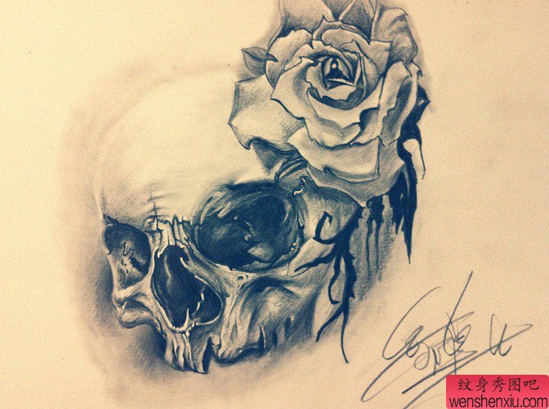 创意欧美玫瑰花骷髅头文身作品