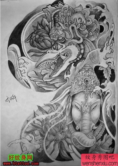 一幅半胛象神文身作品