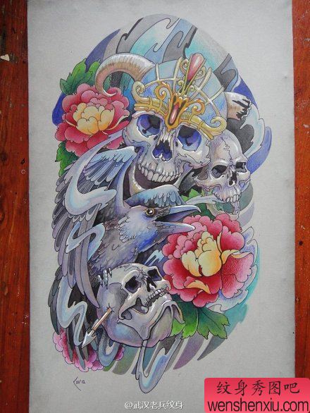 骷髅头玫瑰花文身手稿作品