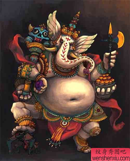 彩色满背象神文身作品