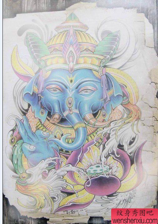 创意的彩色象神文身手稿作品