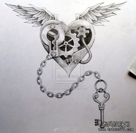 翅膀钥匙锁文身手稿作品