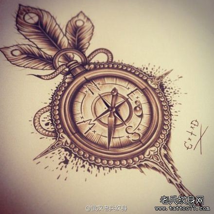 文身秀图吧推荐一幅创意罗盘文身手稿作品