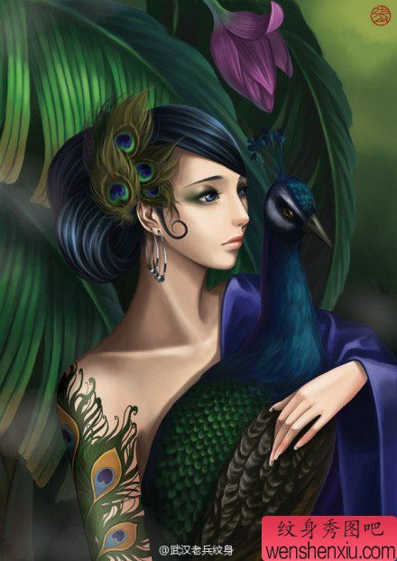 孔雀少女文身壁纸作品