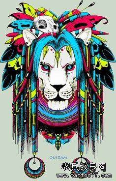 彩色创意的狮子文身手稿作品