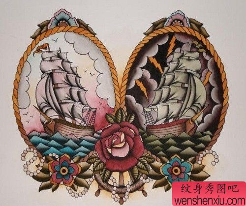 school风格的帆船文身作品