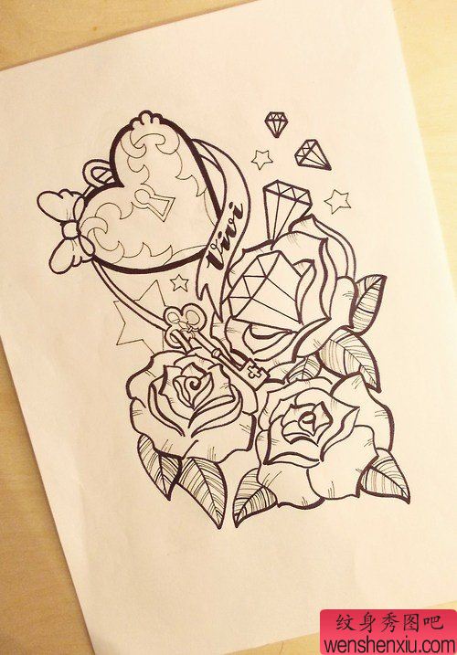 玫瑰花钻石文身线稿作品