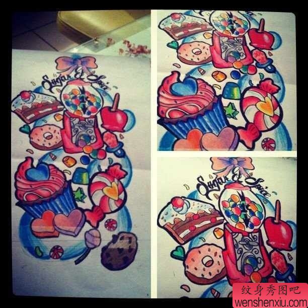 彩色蛋糕文身手稿作品