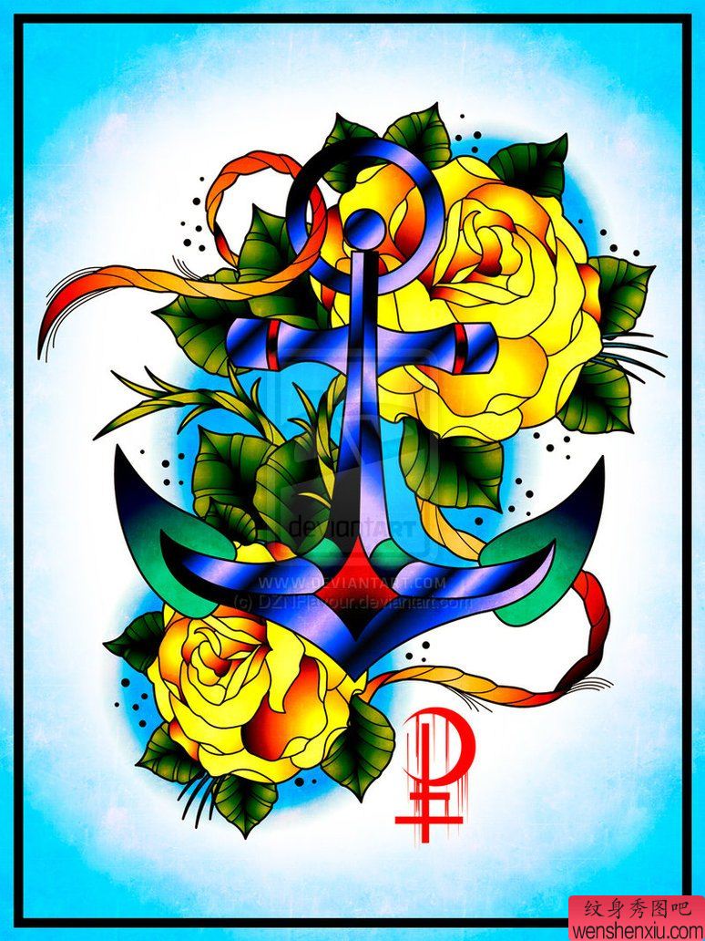 彩色玫瑰船锚文身手稿作品