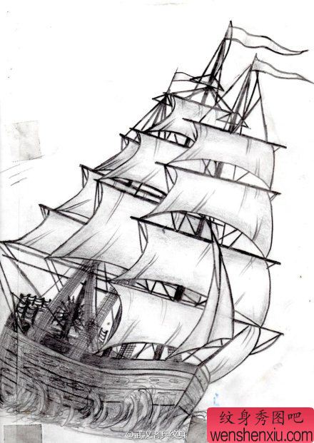 线条帆船文身作品