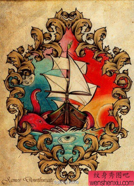 创意彩色的帆船文身作品