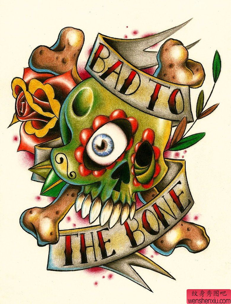 创意彩色骷髅文身手稿作品