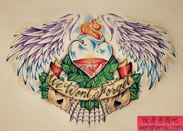 翅膀爱心文身手稿作品
