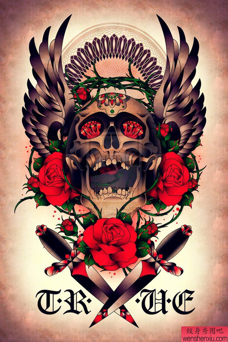 创意的骷髅玫瑰匕首文身手稿