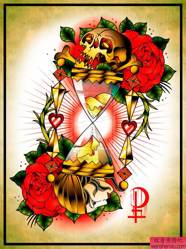 彩色骷髅沙漏文身手稿作品