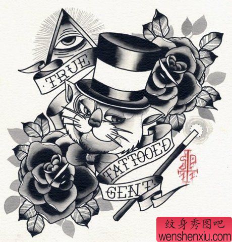 文身秀图吧推荐一幅猫玫瑰线稿文身作品