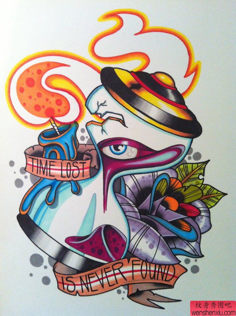 彩色沙漏玫瑰文身作品