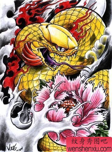 文身秀图吧推荐一幅蛇牡丹文身作品