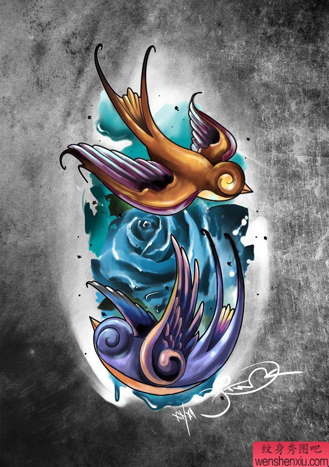 文身秀图吧推荐一幅彩色燕子文身手稿作品