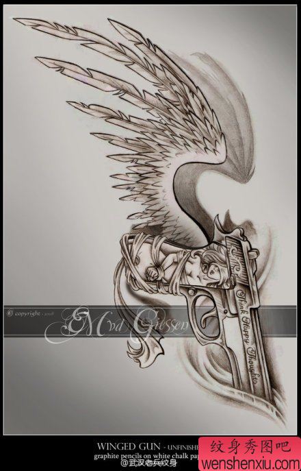 文身秀图吧推荐一幅翅膀手枪文身作品