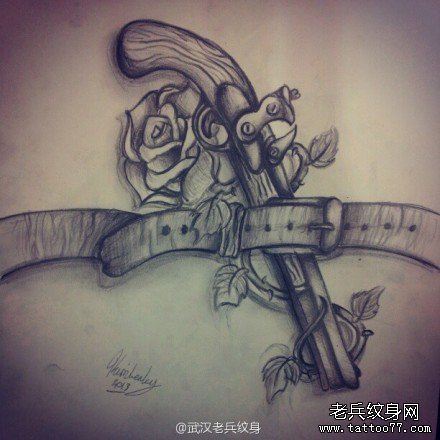 玫瑰花手枪文身手稿作品