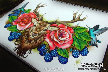 文身秀图吧推荐一幅鹿玫瑰花文身手稿作品
