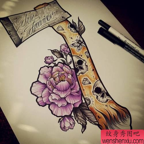 创意的斧头玫瑰文身作品缩略频道推荐图