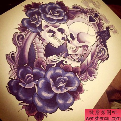 很有含义的一幅骷髅玫瑰花文身手稿作品