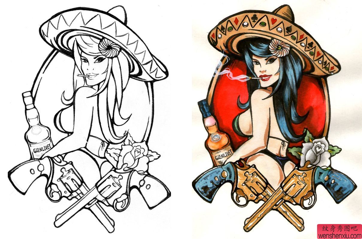 女郎手枪文身作品