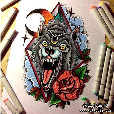 狼头玫瑰花文身作品