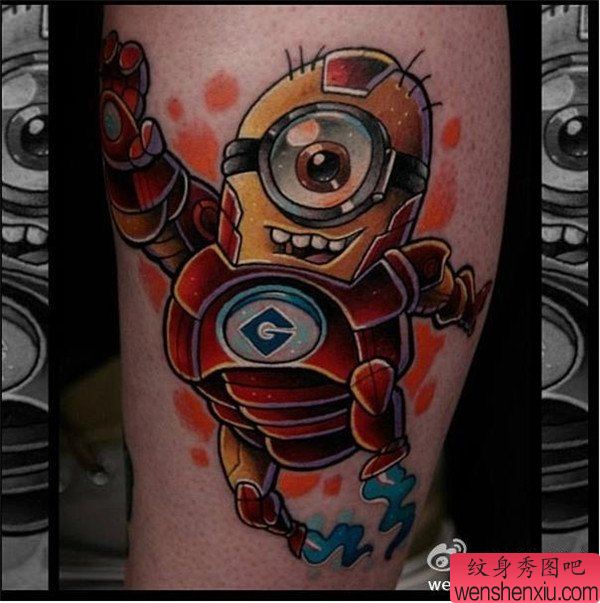 腿部钢铁小黄人文身作品