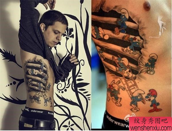 侧腰蓝精灵文身作品