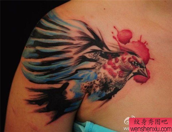 女人肩部鸽子文身作品