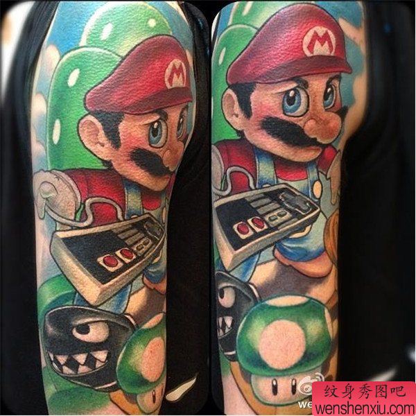 手臂彩色马里奥文身作品