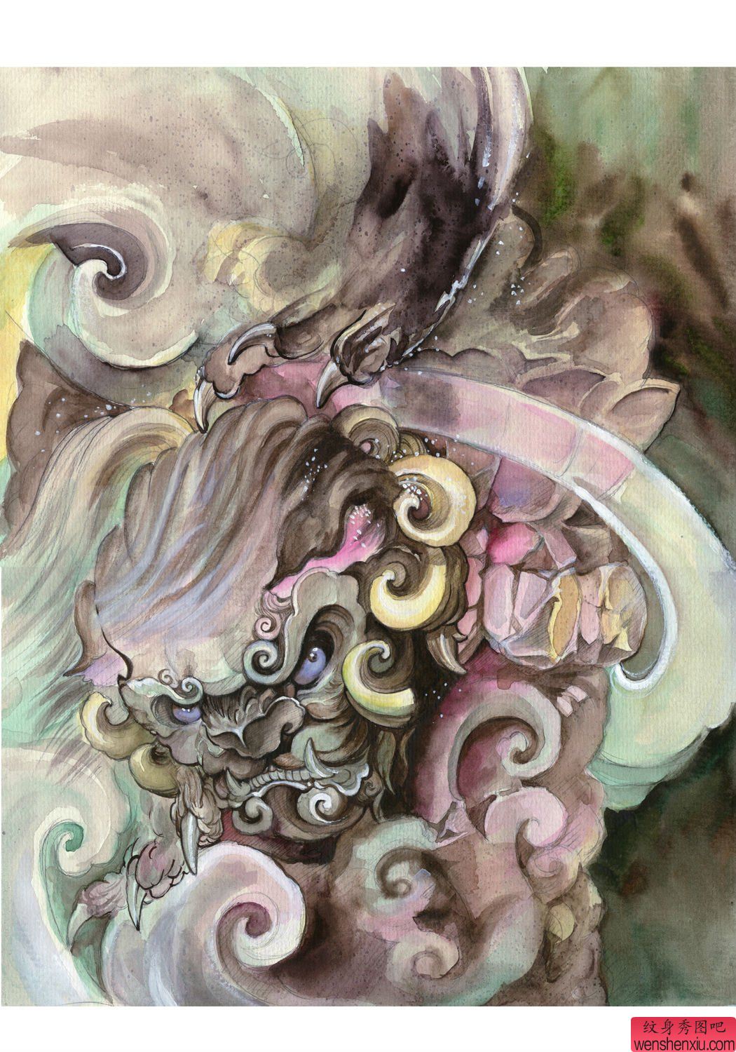 文身秀图吧推荐一幅创意唐狮文身手稿作品