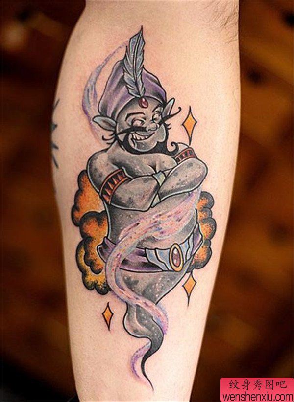 文身秀图吧推荐一幅腿部神灯文身作品