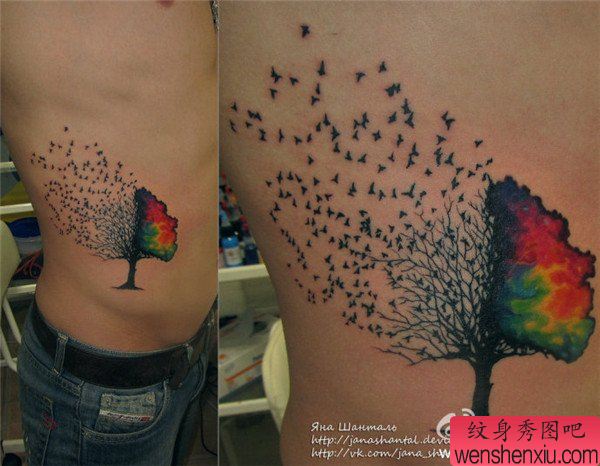 侧腰彩色树文身作品