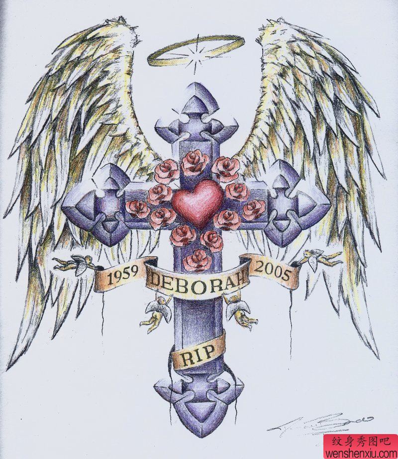 翅膀十字架文身作品