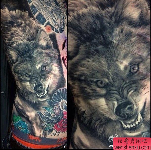 满背欧美狼头文身作品