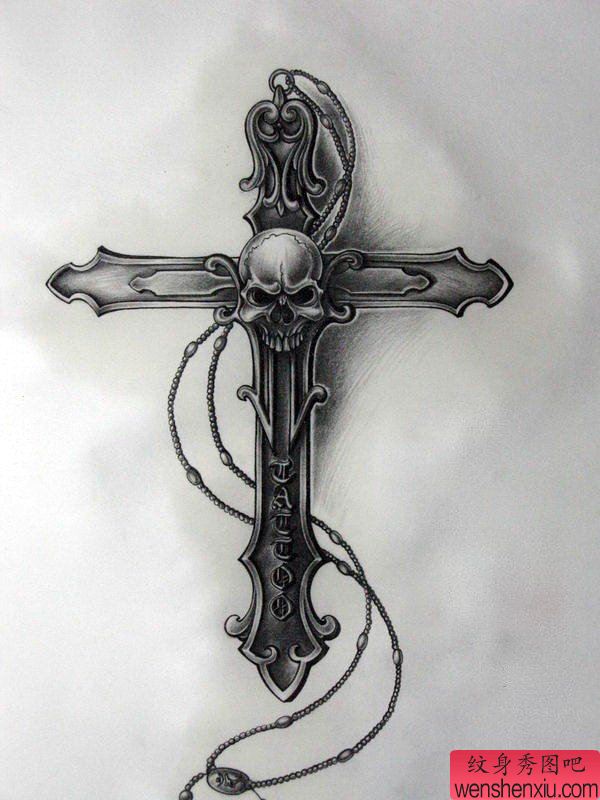 骷髅头十字架文身作品