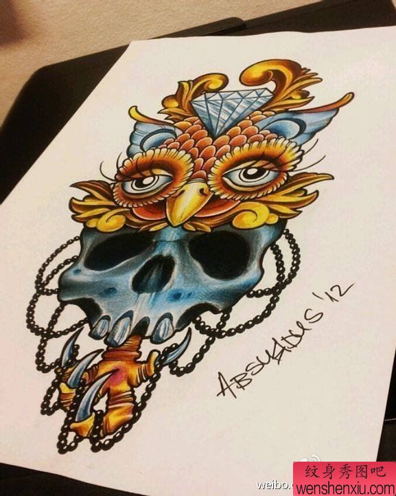 欧美猫头鹰骷髅头文身作品