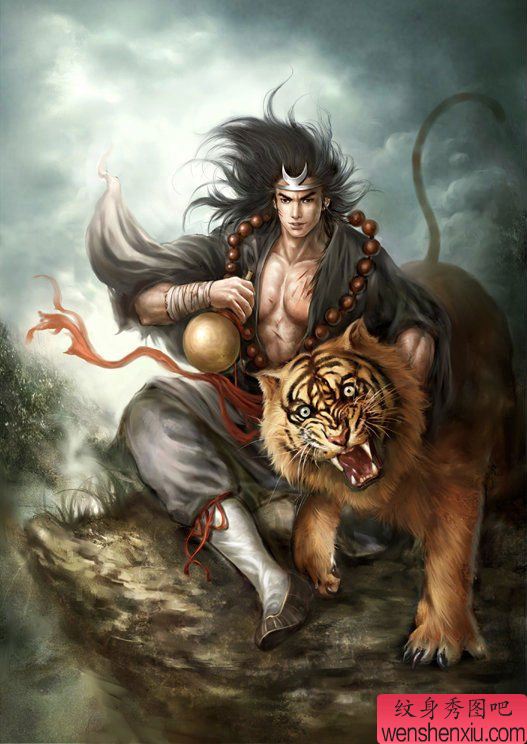 文身秀图吧推荐一幅适合纹满背人物老虎的文身作品