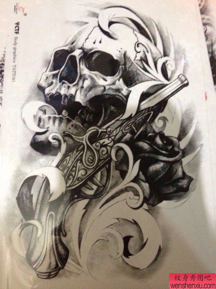 文身秀图吧推荐一幅欧美骷髅头文身手稿作品