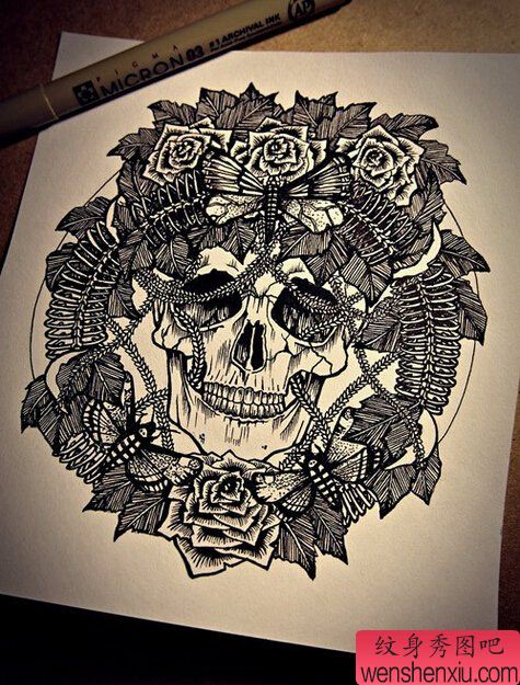 文身秀图吧推荐一幅欧美玫瑰花骷髅文身作品