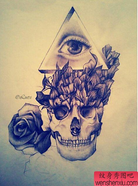 骷髅头玫瑰花上帝之眼文身手稿作品